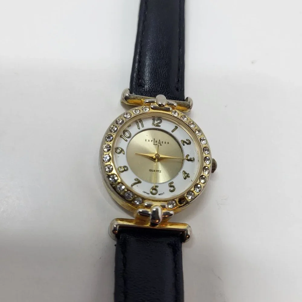 LA Express Watch Women Gold Stainless Steel Batt Black Leather‎ Band Quartz